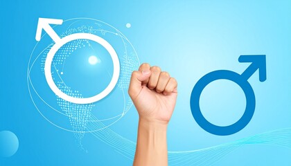 Raised clenched fist flanked by two male gender symbols—white tech-inspired on left, solid blue on right—set against light blue gradient background, symbolizing strength, masculinity, and digital iden