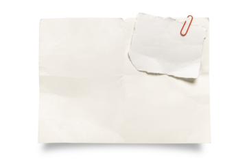 Torn white paper note clipped with a red paperclip on large blank sheet, isolated on white for mockup, message, reminder, planner or design template
