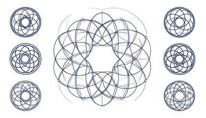 A collection of eight symmetrical abstract geometric designs, composed of interlacing curved lines in varying circular patterns