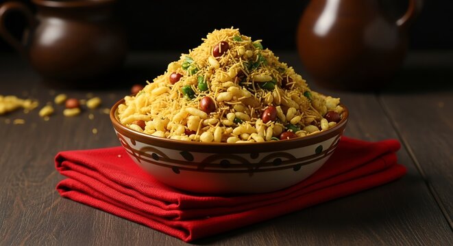 Delicious bhel puri, a savory indian snack made of puffed rice, vegetables, and a tangy tamarind sauce, served in a bowl on a red napkin