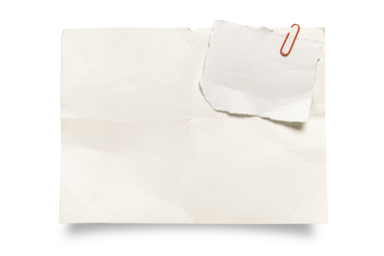 Torn white paper note clipped with a red paperclip on large blank sheet, isolated on white for mockup, message, reminder, planner or design template