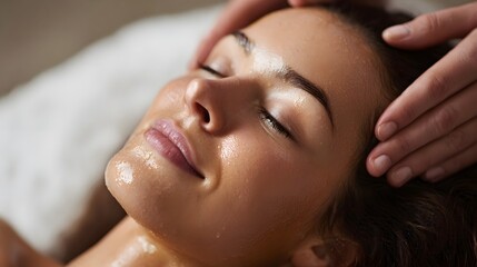 Close up of a woman receiving a relaxing facial massage with oil