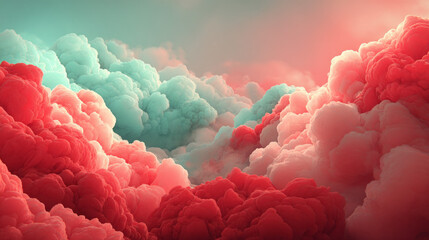 Dreamlike clouds with teal and crimson hues evoke a surreal and peaceful atmosphere, creating a captivating celestial abstract with soft, ethereal light and color.