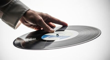 Hand holding a vinyl record against a bright white background showcasing the joy of music and classic audio experiences