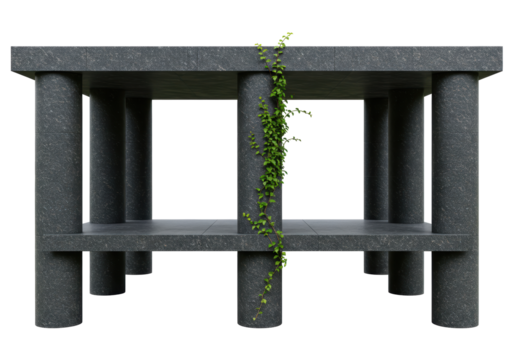 Isolated table structure with plant detail is gray stone with no background for design