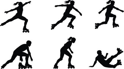 Silhouettes of women inline skating in dynamic poses, including racing, gliding, and falling, for sports and active lifestyle themes