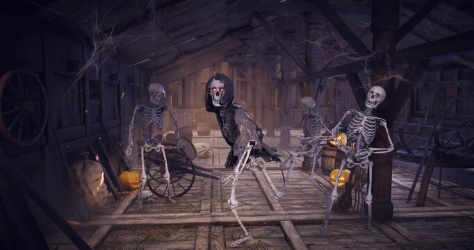 Spooky Halloween Skeleton Party with Jack-o'-Lanterns in Haunted Barn &ndash; 3D Animated Scene for Greeting Cards, Invitations, Posters, Events & Parties