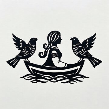 Woman in a Boat with Birds Silhouette Art.