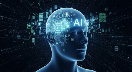 Futuristic AI brain visualizing machine learning and cutting-edge technology for innovative breakthroughs, empowering progress and problem-solving for the future