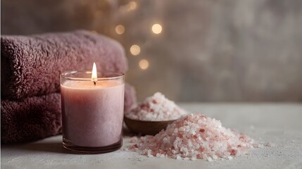 A lit pink scented candle bath salts and folded towels create a relaxing spa atmosphere with soft ambient light