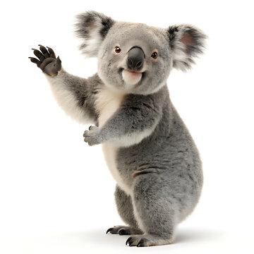 A koala standing on a white background waving its paw and looking at the camera with a happy expression