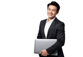 Happy Asian Entrepreneur in Formal Suit Carrying Closed Laptop Under Arm, Isolated on Transparent Background