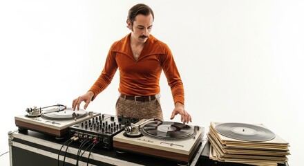Man mixes vinyl records as a DJ in retro 70s outfit against a plain white background