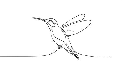 A hummingbird is depicted in a continuous, single-line drawing. It's mid-flight, wings spread, beak elongated, against a stark white background