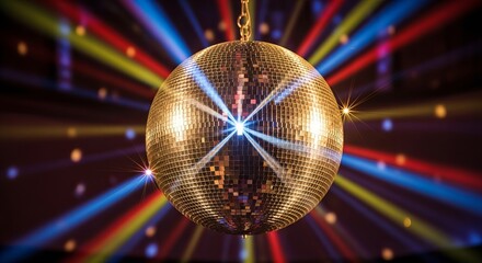 Disco ball shining brightly with colorful lights in a 70s style atmosphere