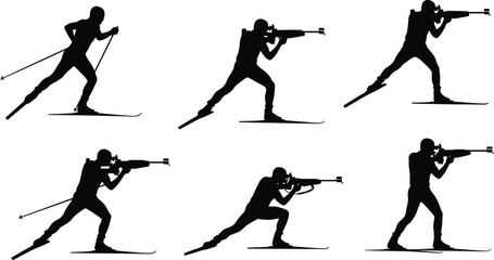 Dynamic silhouettes of biathlon athletes, showing skiing and shooting poses, for winter sports, competition, and endurance themes