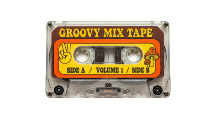 Naklejka premium Retro cassette tape from the 1970s with colorful label and vintage design on a white background