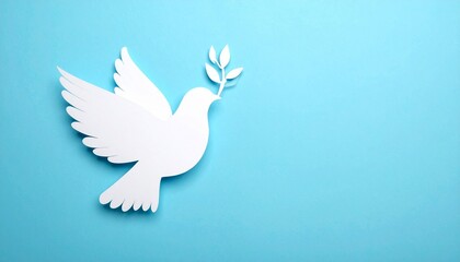 Fototapeta premium White dove silhouette in flight holding olive branch—set against light blue background, symbolizing peace, hope, and reconciliation.