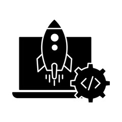 Model Deployment Icon, Model launch, AI system integration, AI deployment, Machine learning in production, and Model operation. Vector illustration.