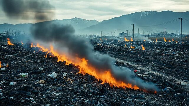A vast landfill ablaze with fire and smoke, highlighting environmental pollution and its consequences.
