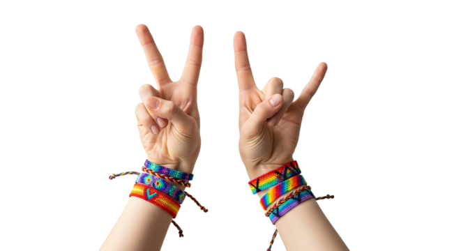 Hands making a peace and love gesture adorned with colorful rainbow bracelets against a plain background