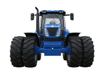 Obraz premium Isolated blue farm tractor with large tires seen head-on, heavy agricultural vehicle