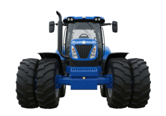 Isolated blue farm tractor with large tires seen head-on, heavy agricultural vehicle