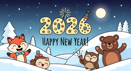 Cute cartoon animals celebrating New Year 2026 in a snowy landscape vector illustration for greeting cards and holiday designs