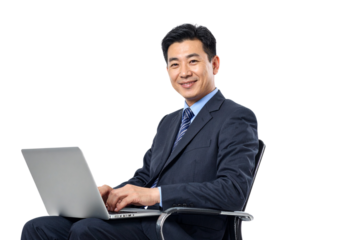 PNG Asian Businessman in Professional Attire Sitting and Typing on Laptop with Smile, Isolated
