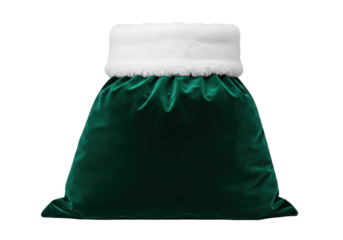 Isolated green velvet Christmas sack with white fur trim for gifts or presents season