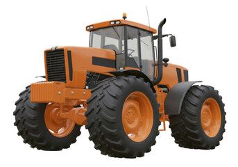 Obraz premium Isolated orange farm tractor from low angle view, modern industrial vehicle for agriculture