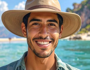 Smiling man in a hat by the water