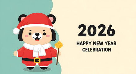 Cute cartoon dog wearing a Santa hat and holding a scepter illustration for the 2026 New Year celebration vector design isolated on background