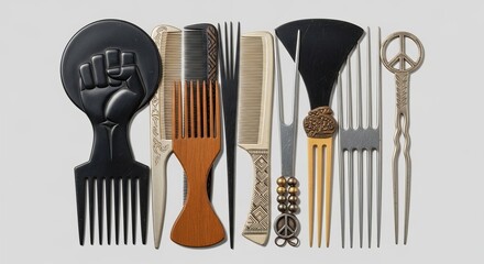 Collection of afro combs and hair picks from the 70s showcasing vibrant designs and unique styles