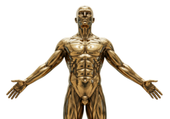 Isolated Golden Human Anatomy Sculpture Depicting Muscular System, Detailed Figure, Concept