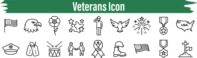 Collection of linear icons representing veterans and patriotic symbols, isolated on transparent background