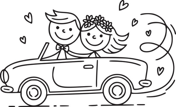 Just Married in Celebration: A charming, cartoon-style illustration of a newlywed couple joyfully riding off in a classic convertible, surrounded by heart symbols to represent love and happiness.
