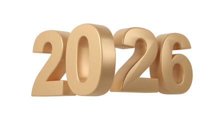 Golden 2026 numbers standing against a transparent background, symbolizing the new year, and future, celebration christmas,