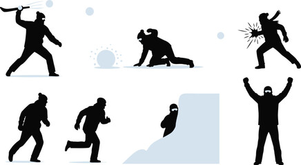 Dynamic silhouettes of people having a snowball fight, including throwing, running, and hiding, for winter and holiday themes