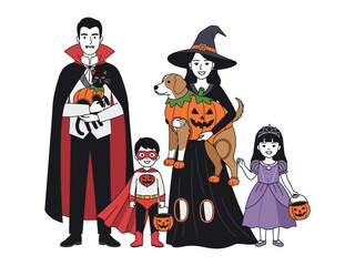 Halloween Family: An illustration portraying a family dressed in festive Halloween costumes, including a vampire, witch, superhero, and princess. and holding a pumpkin bucket.