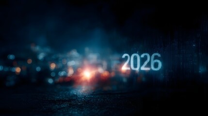 Futuristic digital display featuring the year 2026 glows against a dark atmospheric urban background with abstract city lights and bokeh