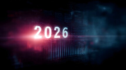 Glowing neon digits of 2026 appear on a futuristic digital screen with data charts and flare