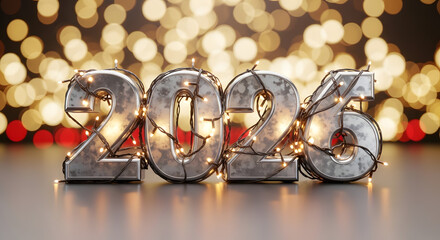 Illuminated 2026 numerals with string lights festive decoration against bokeh background celebrating the New Year