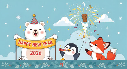 Cute cartoon animals celebrating Happy New Year 2026 including a polar bear penguin and fox vector illustration for greeting cards and holiday designs