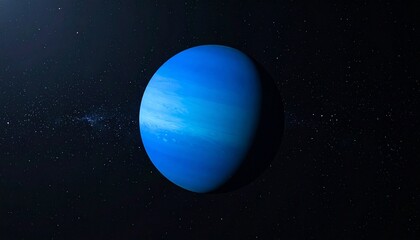 Digital rendering of smooth blue planet with atmospheric layers—set against dark space with faint stars and galactic band, evoking mystery and cosmic beauty.