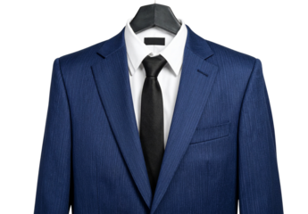 Transparent Background Classic Navy Blue Suit with White Shirt and Black Tie, Headless Professional Business Look, Isolated