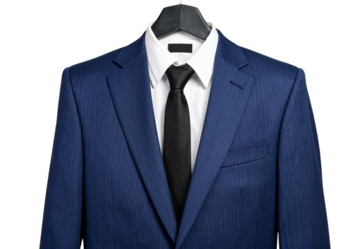 Transparent Background Classic Navy Blue Suit with White Shirt and Black Tie, Headless Professional Business Look, Isolated