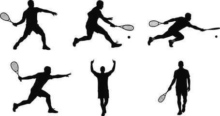 Dynamic silhouettes of tennis and squash players in various action poses, including serving, hitting, and celebrating for sports concepts