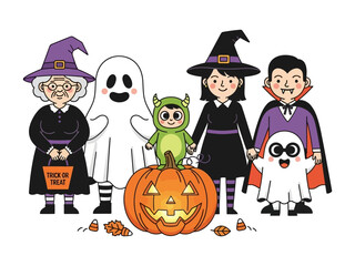 Halloween Gathering: A festive collection of costumed figures stands together with cheerful pumpkin decor, evoking the joyful spirit of Halloween.