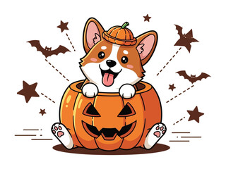 Corgi's Spooktacular Adventure: A charming corgi pup peeks from a vibrant pumpkin, adorned in a festive hat, ready to embrace the spooky fun of Halloween amidst playful bats and stars.